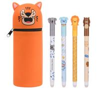 OFFCUP Erasable Gel Pens and Pen Container, 4Pcs Rub Out Pens with and Pencil Case, 0.5mm Blue Cute Cartoon Animal Eraser Pen for Kids Adults Writing Stationary School Supplies (Tiger)