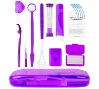 OFFCUP Orthodontic Care Kit, 9 Pack Braces Cleaning Set, Oral Care kit V-Brush Oral Mirror Ortho Wax Timer Dental Floss Threaders Interdental Brush Tongue Scraper (Purple)