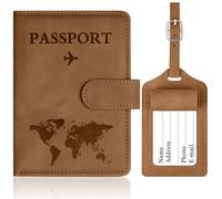 OFFCUP Passport Holder Cover, PU Leather Passport Cover and Luggage Tag Set with RFID Blocking Travel Wallet, Universal Travel Wallet Case Organiser for Money, Boarding Passes, Credit Cards Brown