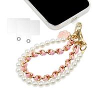 OFFCUP Phone Charm, Pearl Beaded Charms Lanyard with 2 Back Patch, Anti-Lost Charm Wrist Strap with flower Metal Leather Chain, Universal Phone Lanyard for Wallet Handbag Camera Cell