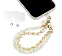 OFFCUP Phone Charm, Pearl Beaded Charms Lanyard with 2 Back Patch, Anti-Lost Charm Wrist Strap with flower Metal Leather Chain, Universal Phone Lanyard for Wallet Handbag Camera Cell