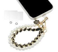 OFFCUP Phone Charm, Pearl Beaded Charms Lanyard with 2 Back Patch, Anti-Lost Charm Wrist Strap with flower Metal Leather Chain, Universal Phone Lanyard for Wallet Handbag Camera Cell