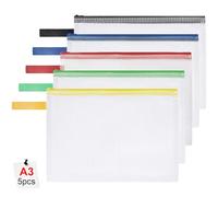 OFFCUP Plastic Wallets A3, 5PCS Zip Lock Bags Document Wallet File Zipper Bags File Folder Document Folders Plastic Pockets Zipper File Wallet for School Office Homework Storage Bag Travel