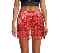OFFCUP Sequin Skirt, Belly Dance Skirt, Costume Rave Mini Skirts, Tassel Skirts for Performance Costumes for Women and Girls Belly Dance, Zumba or Yoga Class, Festival Show (Red)