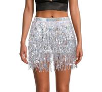 OFFCUP Sequin Skirt, Belly Dance Skirt, Costume Rave Mini Skirts, Tassel Skirts for Performance Costumes for Women and Girls Belly Dance, Zumba or Yoga Class, Festival Show (Silver)