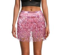 OFFCUP Sequin Skirt, Belly Dance Skirt, Costume Rave Mini Skirts, Tassel Skirts for Performance Costumes for Women and Girls Belly Dance, Zumba or Yoga Class, Festival Show (Pink)