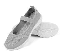 OFFCUP Womens Mary Jane Shoes, Mesh Breathable Ladies Wide Fit Flat Shoes, Grip Sole Walking Casual Slip on Shoe with Elastic Strap, Work Office Nurse Shoe, Size UK 6.5 Grey