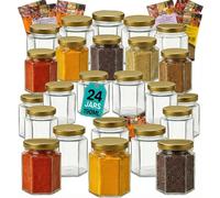Offer Shop 190ml Glass Jars with Lids Storage Mason Jar with Gold Lid- 8 Spices | 24 Hexagonal Jars with Sticker Labels Airtight Food-Grade Containers for Jam, Spices, Pickles, Candle Making