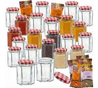 Offer Shop 280ml Jam Jars with Red Gingham Twist Top Lid & Labels - Pack of 22 Hexagonal Clear Glass Jar Containers with 8 Spices | Ideal Storage for Spice and Pickle