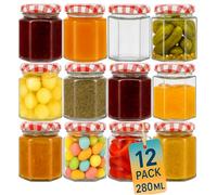 Offer Shop Glass Jam Jars with Red Gingham Lid & Labels- 280ml Hexagonal Storage Glass Jars | Food-grade, BPA-free Airtight seal for Spices Honey- 12 Jars