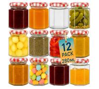 Offer Shop Glass Jam Jars with Red Gingham Lid & Labels - 280ml Hexagonal Storage Glass Jars | Food-grade, BPA-free Airtight seal for Spices Honey- 12 PACK