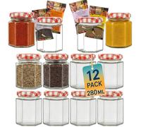 Offer Shop Glass Jam Jars with Red Gingham Lid & Labels with 4 SPICES- 280ml Hexagonal Storage Glass Jars | Food-grade, BPA-free Airtight seal for Spices Honey- 12 PACK