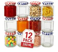 Offer Shop Jam Glass Jars with Airtight Preserve Lid & Labels - 280ml / 9oz Hexagonal Glass Jar for Kitchen Spices Honey | 6 Red and 6 Blue Gingham Jars- 12 Set