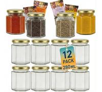 Offer Shop Jam Glass Jars with Lids & Labels with 4 SPICES- 12 Hexagonal 280ml Storage Jars of Quality | Ideal for Kitchen & Pantry Organization for Spice Honey Yogurt | Airtight and Reusable