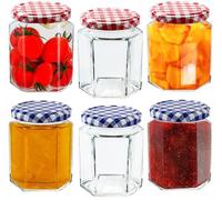 Offer Shop Jam Jars with Lids Hexagonal Glass Jars with Red and Blue Lid| 280ml Mason Jars Airtight | Perfect for Jam packing Pickle Spices- Pack 6
