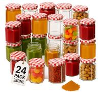Offer Shop Jam Jars with Red Gingham Twist Top Lid & Labels - Pack of 24 Hexagonal Clear Glass Jar Containers for Candles Making | Ideal Storage for Spice and Pickle - 280ml 24 Set