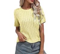 Offers UK Linen Tops for Women UK Womens Short Sleeve Pullover Knitted Sweater Round Neck Solid Color Casual Fashion Western Top Clearance Womens Clothing Yellow