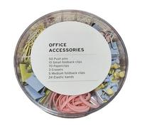 Office Accessories Set with 50 Push Pins, 70 Paperclips, 24 Elastic Bands, 10 Small Foldback Clips, 5 Medium Foldback Clips, 3 Erasers