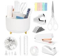 Office Accessories, White Office Supplies with Pen Pot, Tape Dispenser Stapler and Stapler Set for Office, School, Practical Stationary Set with Scissor, Ruler, Color Tabs, Ideal Present for Kids