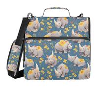 Office Binder Organizer with Handle Multi-Pocket 1.5 Inch 3 Ringing Pencil Case Portfolio Binder Home Travel Cards Storage Container Retro Cartoon Rino with Florals