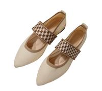Office Casual Pointed Toe Flat Shoes Mary Jane Style Adjustable Checkered Strap Breathable Woven Upper Elegant Footwear for Working Professionals Beige