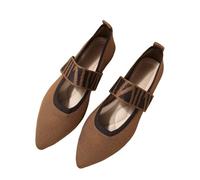 Office Casual Pointed Toe Flat Shoes Mary Jane Style Adjustable Checkered Strap Breathable Woven Upper Elegant Footwear for Working Professionals Brown