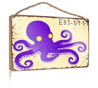 Office Decor For Wall Funny Eb3-1/1-1-1 Purple Octopus With Yellow Eyes Wooded Sign Funny Bathroom Signs Front Door Wooden Sign(23X35CM)