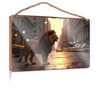 Office Decor For Wall Funny Lion Roams Urban Streets, Causing Chaos Wooded Sign Funny Bathroom Signs Front Door Wooden Sign(20X30CM)