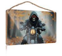 Office Decor For Wall Funny Skull In Hooded Cloak Riding Motorcycle Through Autumn Forest Wooded Sign Funny Bathroom Signs Front Door Wooden Sign(23X35CM)