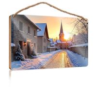 Office Decor for Wall Funny Snowy Village Street with Church At Sunset Fall Outdoor Decor Back Yard Decorations(20X30CM)