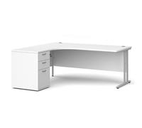 Office Desk | Left Hand Corner Desk 1800mm With Pedestal | White Top With Silver Frame | Maestro 25