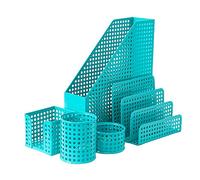 Office Desk Organiser with 5 Piece Set - A4 3Tier Filing, Pen, Memo, Letter Sorter & Post-it (Blue)