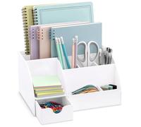 Office Desk Organizer, White Acrylic with Drawer, 9 Compartments - All in One Office Supplies and Cool Desk Accessories Pen Holder, Enhance Your Office Decor Desktop (White).