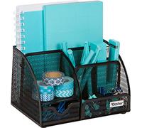 Office Desk Organizers and Accessories - 6 Compartment Black Mesh Office Organizer with Sliding Drawer, Desktop Organizer Caddy for Storing Pens, Pencils, Notepads, Staplers, Bills, Paper Clips