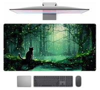 Kawaii Green Forest Desk Pad Mouse Pad Cute Black Cat Desk Mat, XXL Extended Anime Cats Large Gaming Mousepad, Computer Keyboard and Mouse Deskpad Decor Deskmat with Stitched Edges Mat 31.5x15.7 in