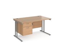Office Desk | Rectangular Desk 1400mm With Pedestal | Beech Top With Silver Frame | 800mm Depth | Maestro 25 MC14P2SB