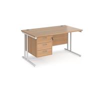 Office Desk | Rectangular Desk 1400mm With Pedestal | Beech Top With White Frame | 800mm Depth | Maestro 25 MC14P3WHB
