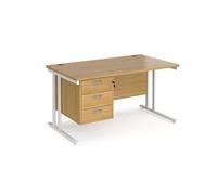 Office Desk | Rectangular Desk 1400mm With Pedestal | Oak Top With White Frame | 800mm Depth | Maestro 25 MC14P3WHO