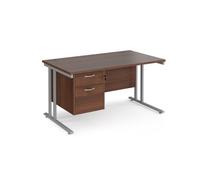 Office Desk | Rectangular Desk 1400mm With Pedestal | Walnut Top With Silver Frame | 800mm Depth | Maestro 25 MC14P2SW