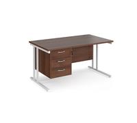 Office Desk | Rectangular Desk 1400mm With Pedestal | Walnut Top With White Frame | 800mm Depth | Maestro 25 MC14P3WHW