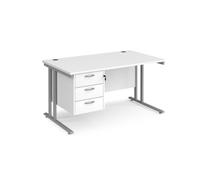 Office Desk | Rectangular Desk 1400mm With Pedestal | White Top With Silver Frame | 800mm Depth | Maestro 25 MC14P3SWH