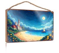 Office Door Signs Funny Castle By The Moonlit Beach With Sailboat Wooded Sign Home Door Hanging Funny Signs For Bar(15X28CM)