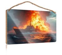 Office Door Signs Personalized A Ship On Fire in The Ocean Lake House Decor DIY Door Front Sign(23X35CM)