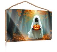 Office Door Signs Personalized Ghost Holding A Glowing Jack-o'-Lantern in an Autumn Forest Lake House Decor DIY Door Front Sign(23X35CM)