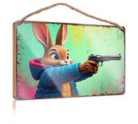 Office Door Signs Personalized Rabbit Holding A Gun, Colorful Background Lake House Decor DIY Door Front Sign(23X35CM)