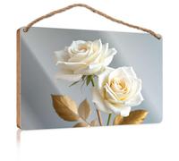 Office Door Signs Personalized Three White Roses with Golden Leaves Lake House Decor DIY Door Front Sign(15X28CM)