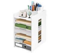 Office Filing Trays Holder with Pen Holder Letter A4 Paper Desk Organiser Desktop File Holder Stackable Document Storage Rack for Home Office School (White, 7-tier)