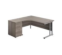 Office Hippo Heavy Duty Left Corner Radial Desk With 3 Drawer High Storage, Home Pc Filing, 5 Yr Wty, Mfc- Grey Oak, Silver Frame