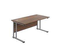 Office Hippo Heavy Duty Rectangular Cantilever Office Desk, Home Office Desk, Office Table, Integrated Cable Ports, PC Desk For Office or Home, 5 Yr Wty - Silver Frame/Dark Walnut Top, 140cm x 80cm