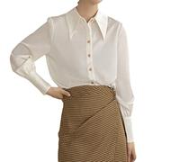 Office Lady Pointed Collar Satin White Shirts Long-Sleeve Blouse Lantern Sleeve Button Up Shirt White M